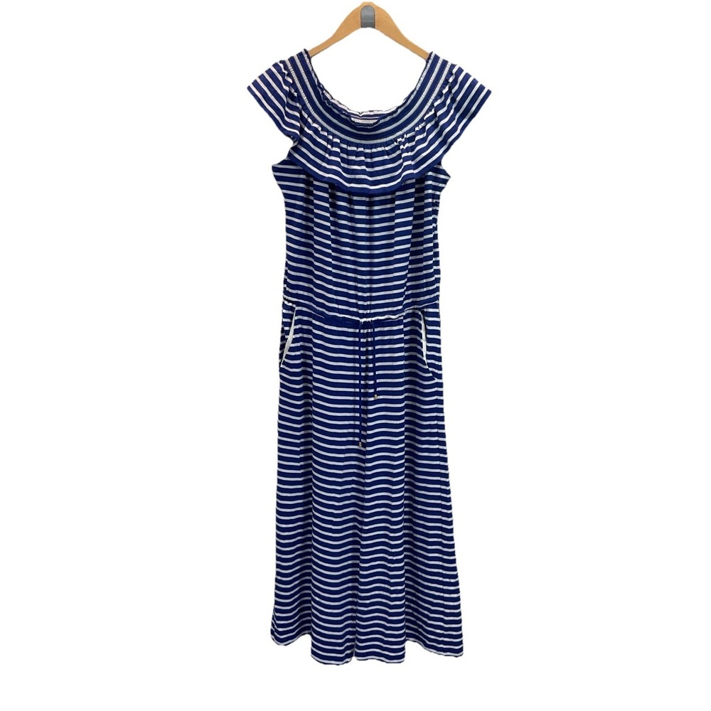 Lauren Ralph Lauren Striped Jumpsuit L Blue/White Off Shoulder Cropped wideleg